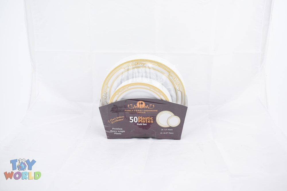 Set of 50 white disposable plates with elegant gold rim, includes 25 large and 25 small plates in packaging.