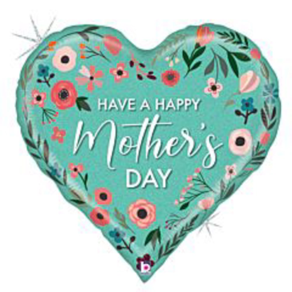 Teal heart-shaped foil balloon with pink and white flowers and "Have a Happy Mother's Day" in white script text.