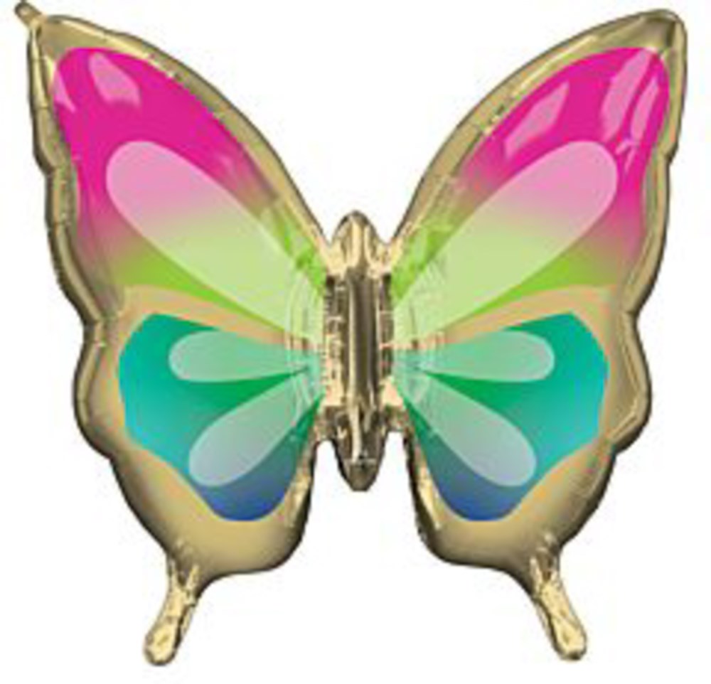30-inch foil balloon shaped like a butterfly with gold edges and vibrant pink, green, and blue wings.