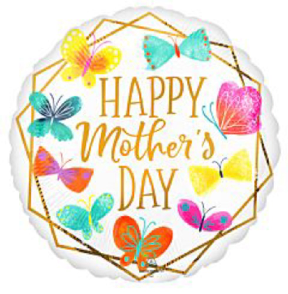 White round foil balloon with gold trim, gold "Happy Mother's Day" text, and colorful butterflies design.