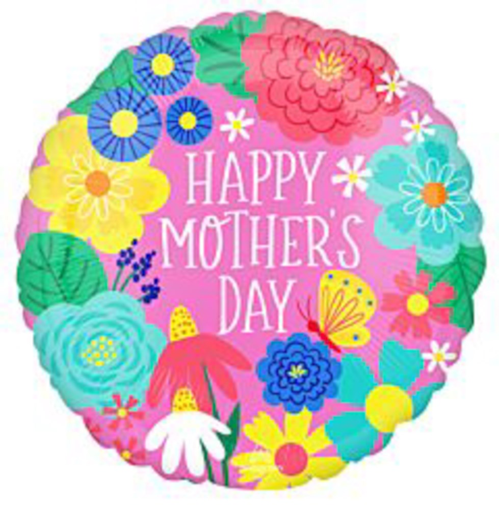 Round pink foil balloon with colorful flowers and "Happy Mother's Day" in white text.