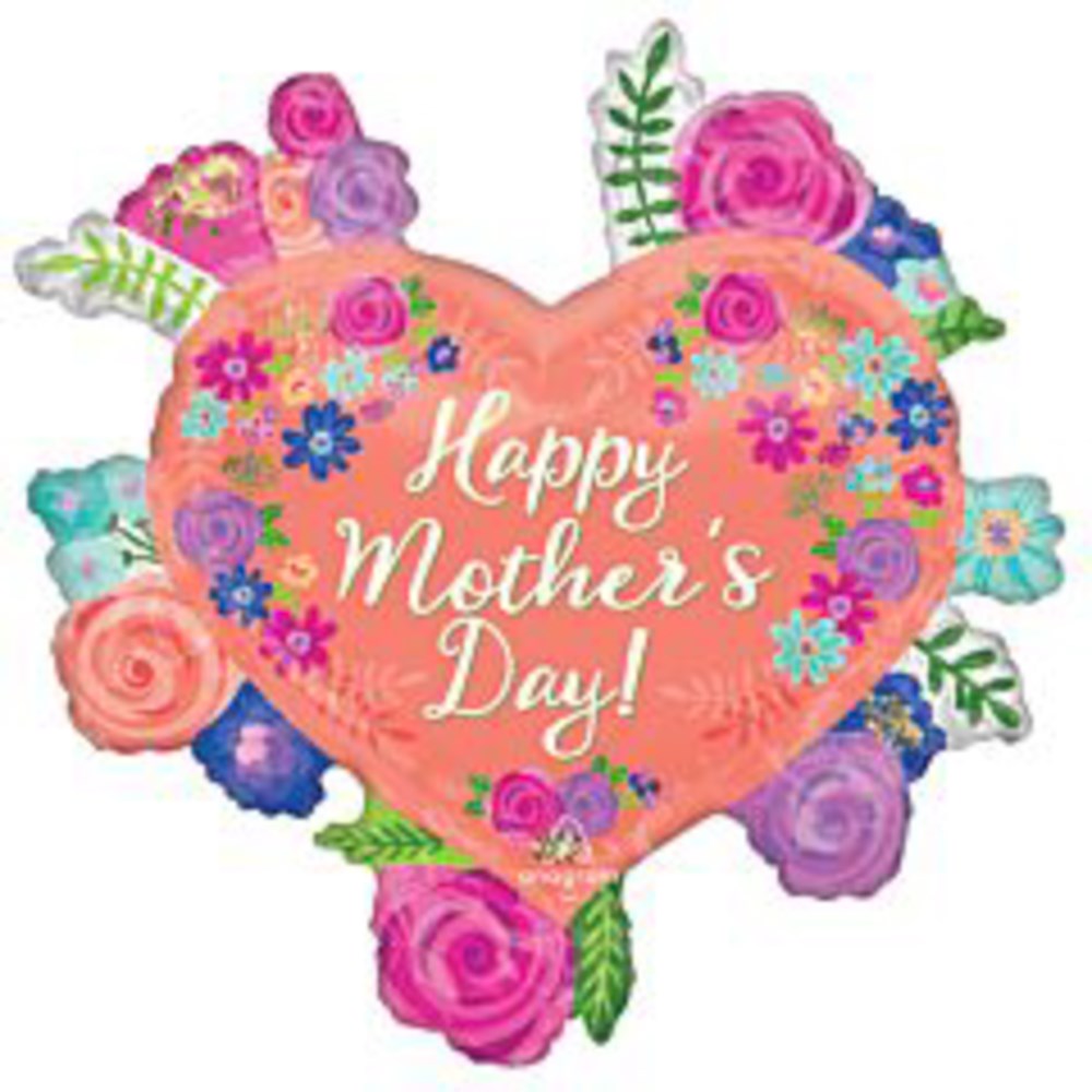 Heart-shaped coral pink foil balloon with colorful floral accents and white "Happy Mother's Day!" text.