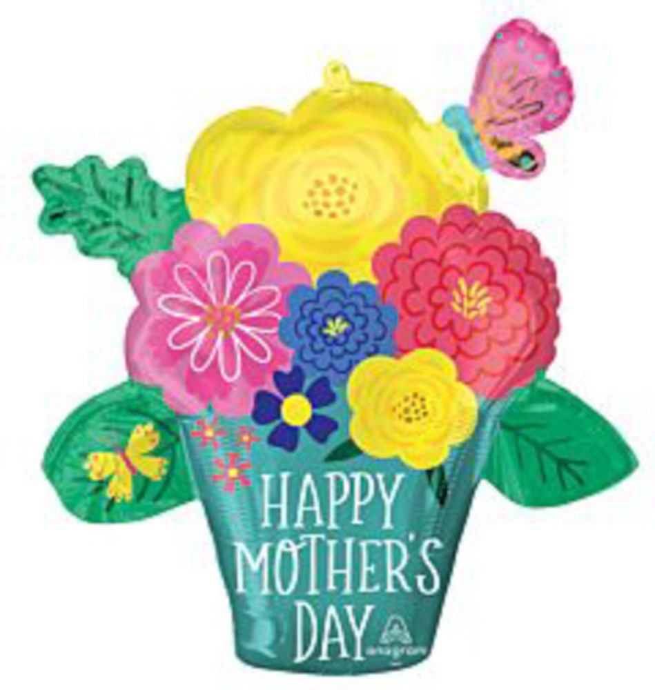 Colorful foil balloon shaped like a flower pot with various bright flowers and a butterfly, "Happy Mother's Day" text on.