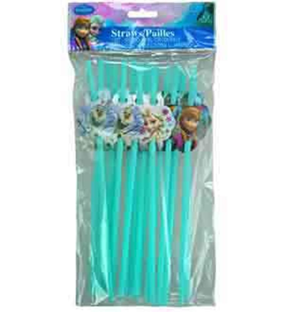 18 turquoise plastic drinking straws with Frozen character toppers including Elsa and Anna in sealed packaging.