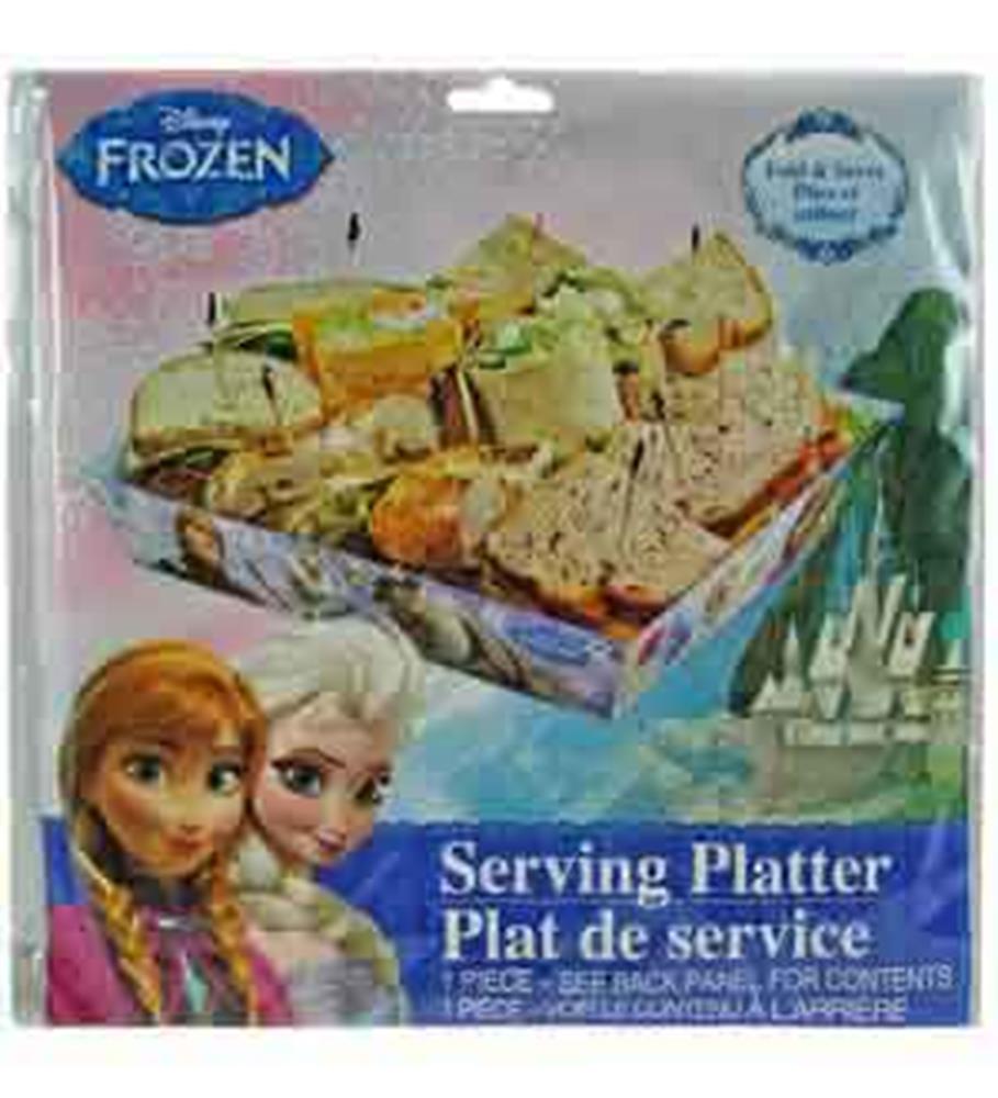 Large rectangular serving platter with Disney Frozen theme, featuring Anna and Elsa illustrations and icy blue design.