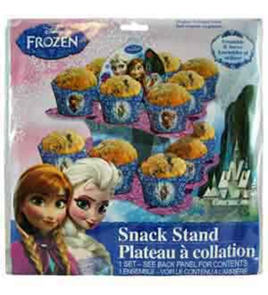 Two-tier plastic snack stand with blue and purple Frozen 2 theme, featuring Anna and Elsa cupcake holders.