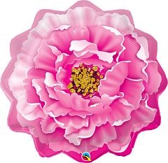Large pink peony-shaped foil balloon with layered petals and yellow stamen details.