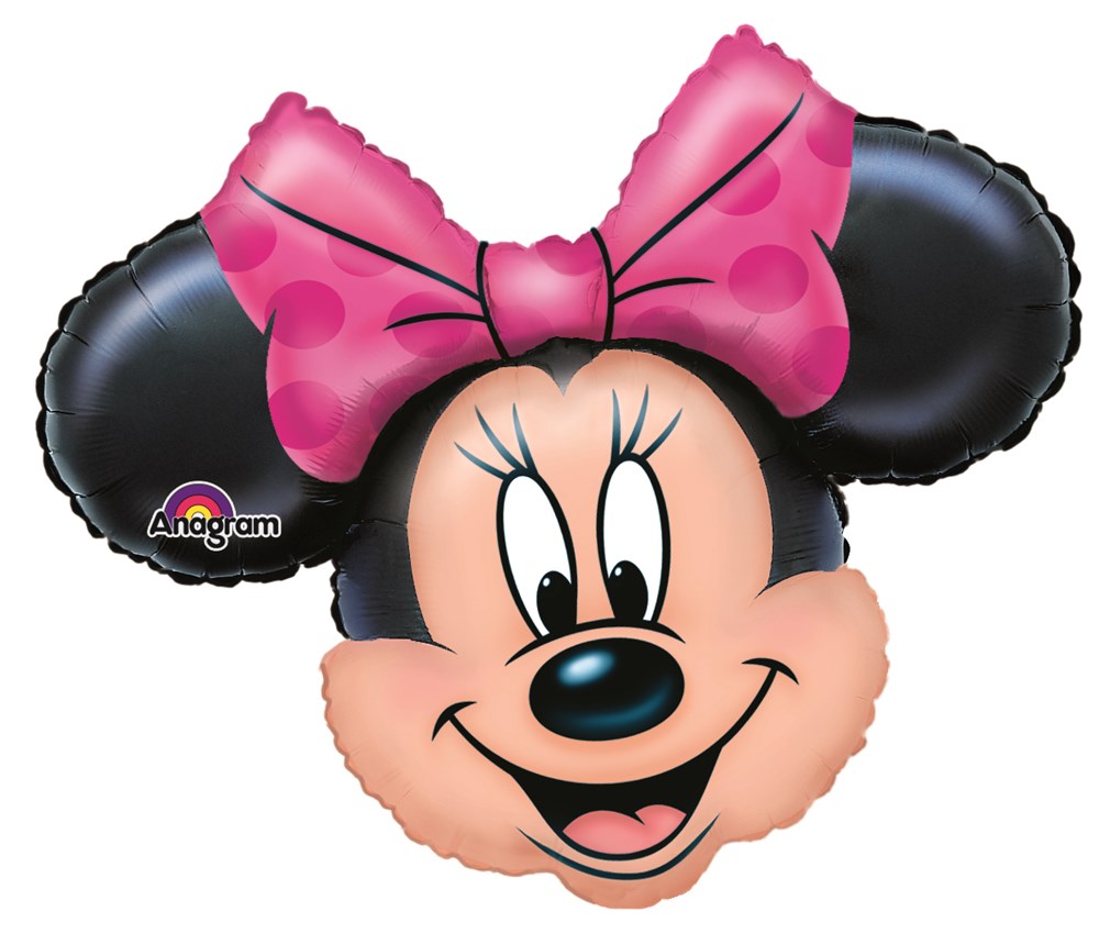 28-inch foil balloon shaped like Minnie Mouse's face with black ears and pink polka-dot bow.