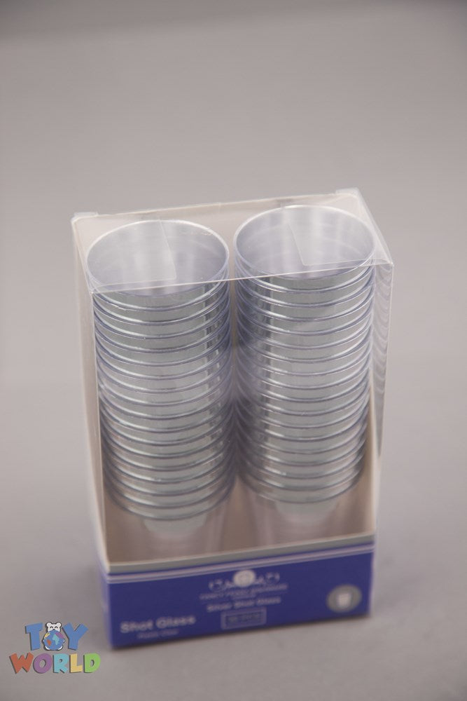 Clear plastic shot glasses with silver rims, stacked in two columns inside a transparent box.