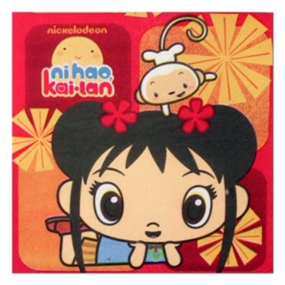 Square red paper napkin featuring Ni Hao Kai Lan character with black hair and flowers, orange background with geometric.