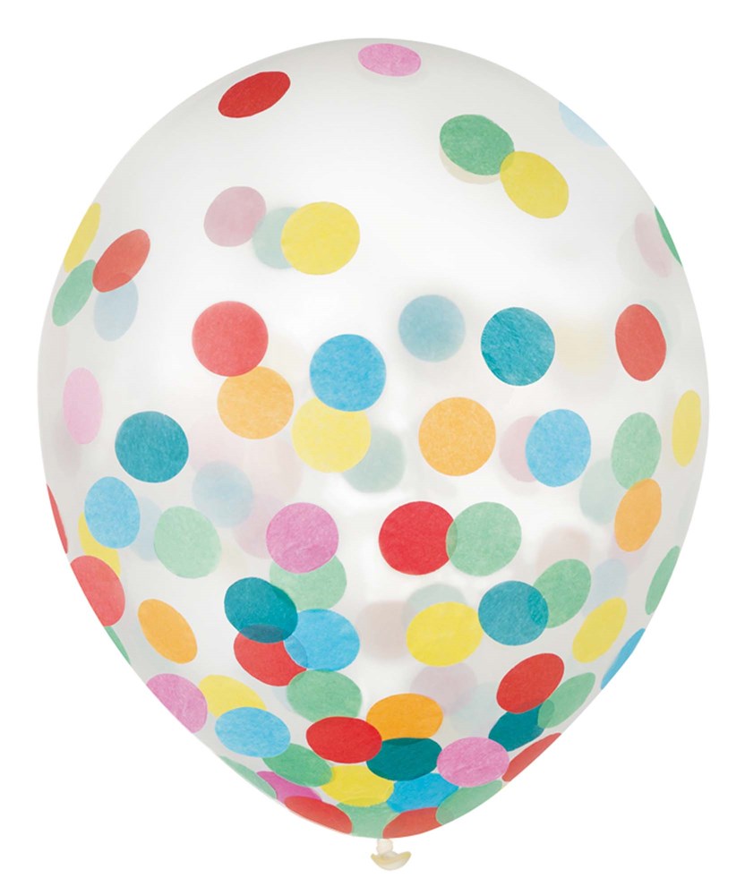 Clear latex balloon filled with bright multi-colored tissue confetti dots, 12 inch round shape.