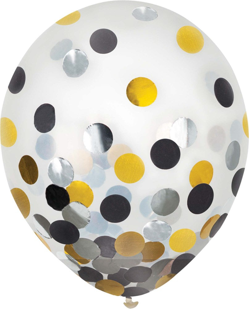 12-inch clear latex balloon filled with black, silver, and gold round confetti dots.