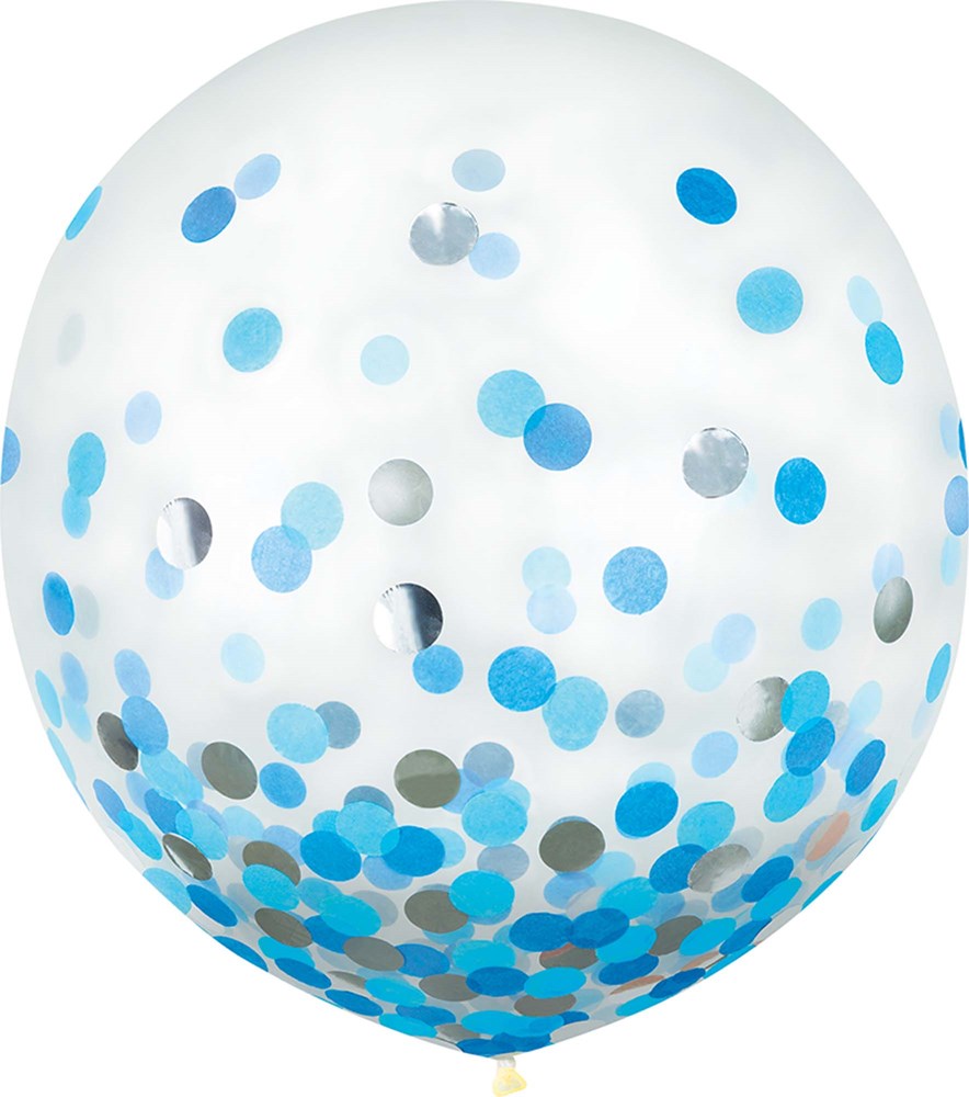 Clear latex balloon filled with scattered blue and silver foil confetti, 24 inches, 2-pack.