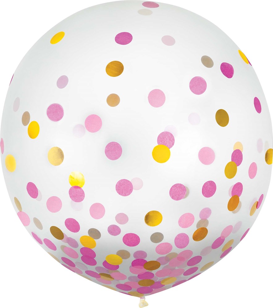 24-inch white latex balloon with pink, gold, and white tissue and foil confetti dots.
