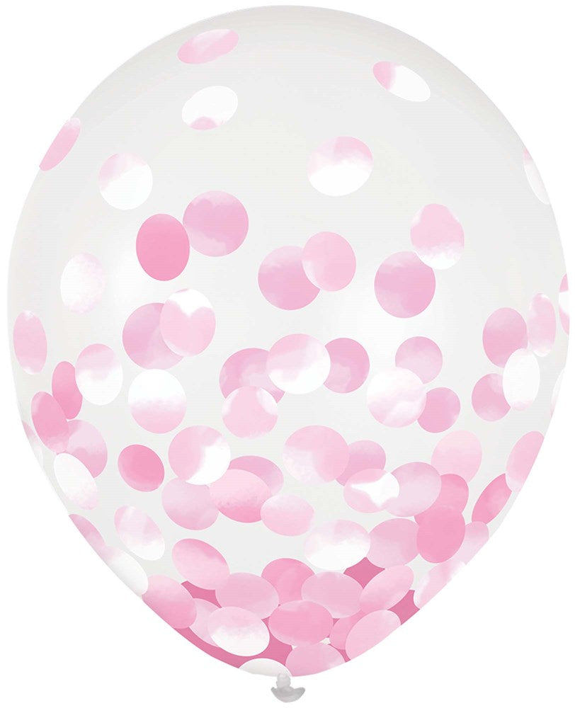Transparent latex balloon filled with pink foil confetti dots, 12 inch round shape.