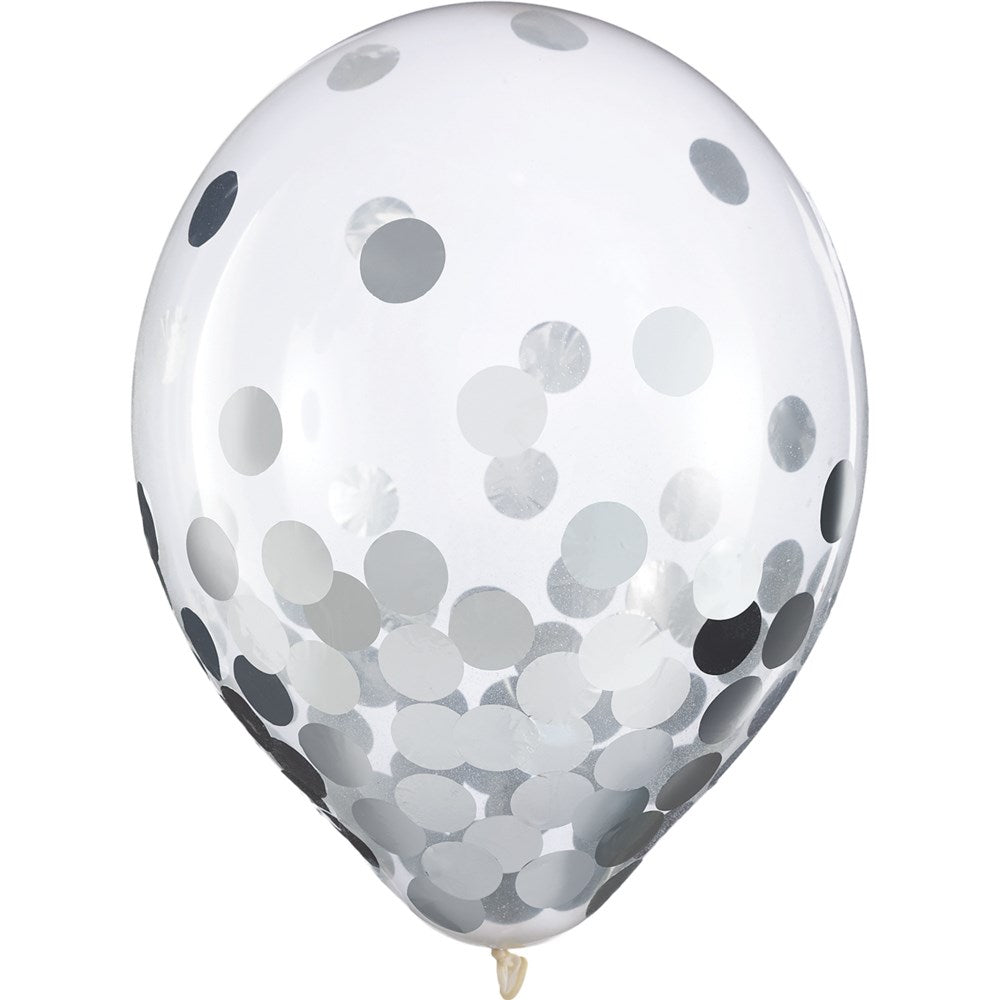 Clear 12-inch latex balloon filled with silver foil confetti dots.