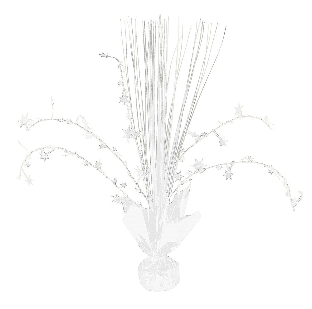 White decorative spray centerpiece with tall thin branches and small flower accents in wrapped base.