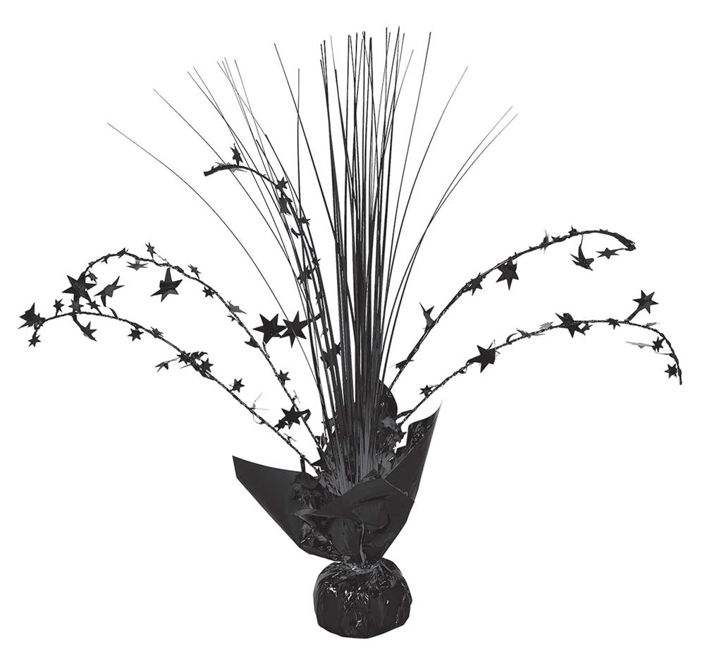 Black foil centerpiece spray with star-shaped accents and curly strands wrapped in black foil base.