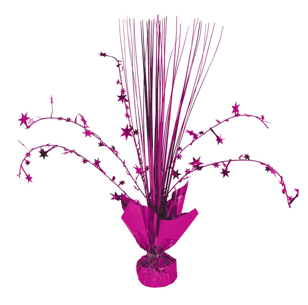 Bright pink metallic spray centerpiece with tall strands and star-shaped accents wrapped in matching foil base.
