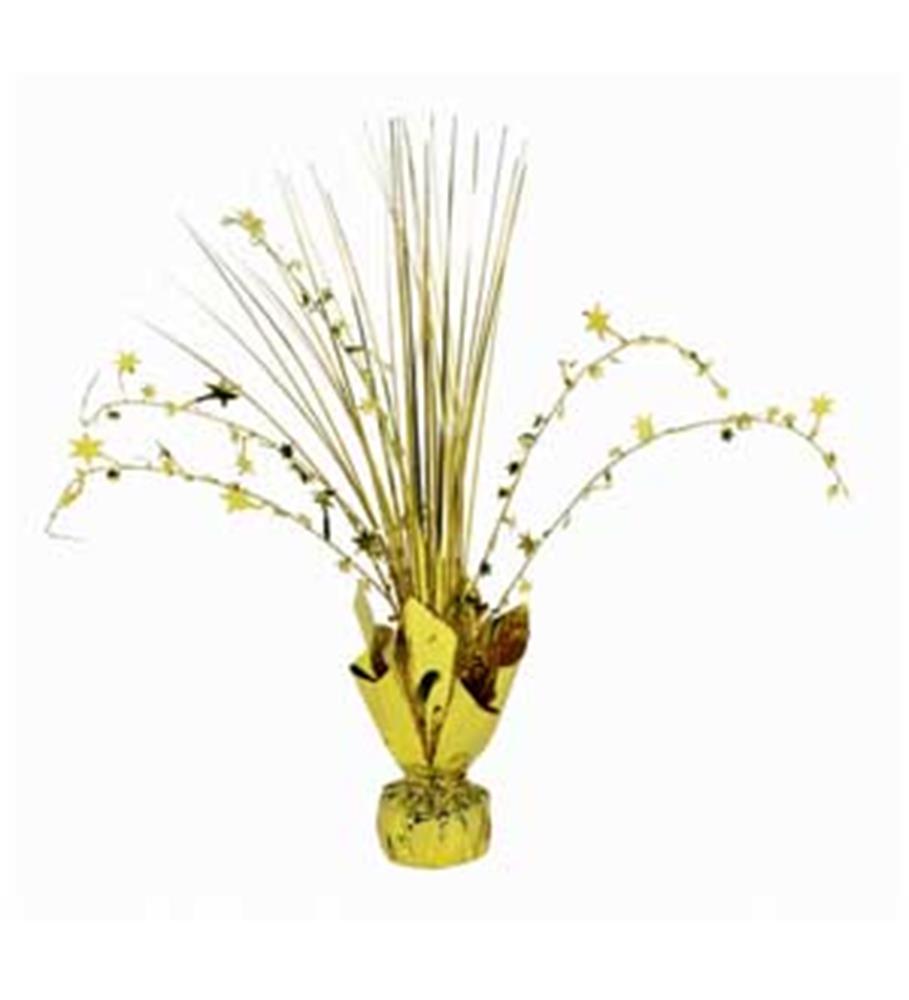 Gold foil centerpiece with tall, thin metallic sprays and star-tipped curling strands in a weighted base.