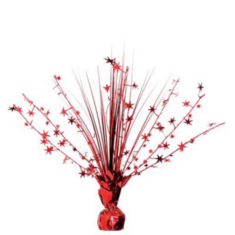 Shiny red foil centerpiece spray with star accents and metallic strands in a burst design.