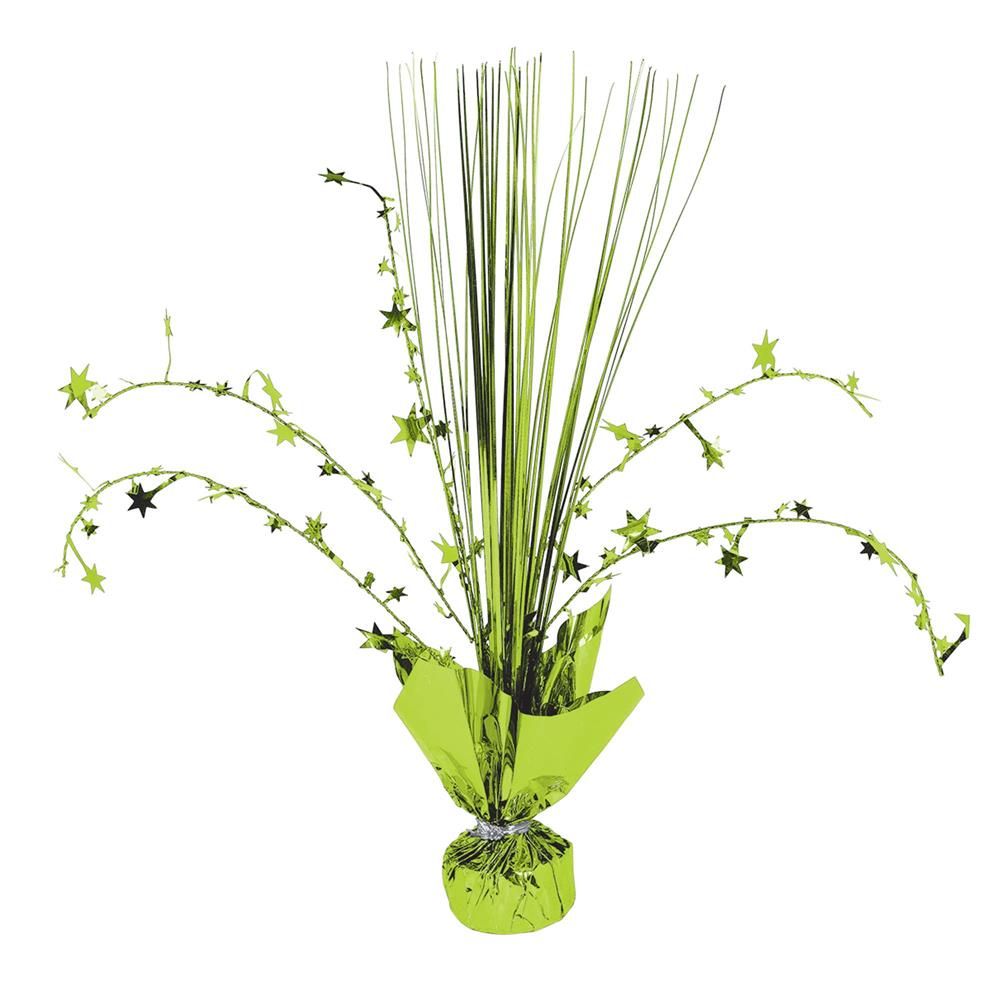 12-inch spray centerpiece with tall green grass and kiwi-colored star accents wrapped in green foil.