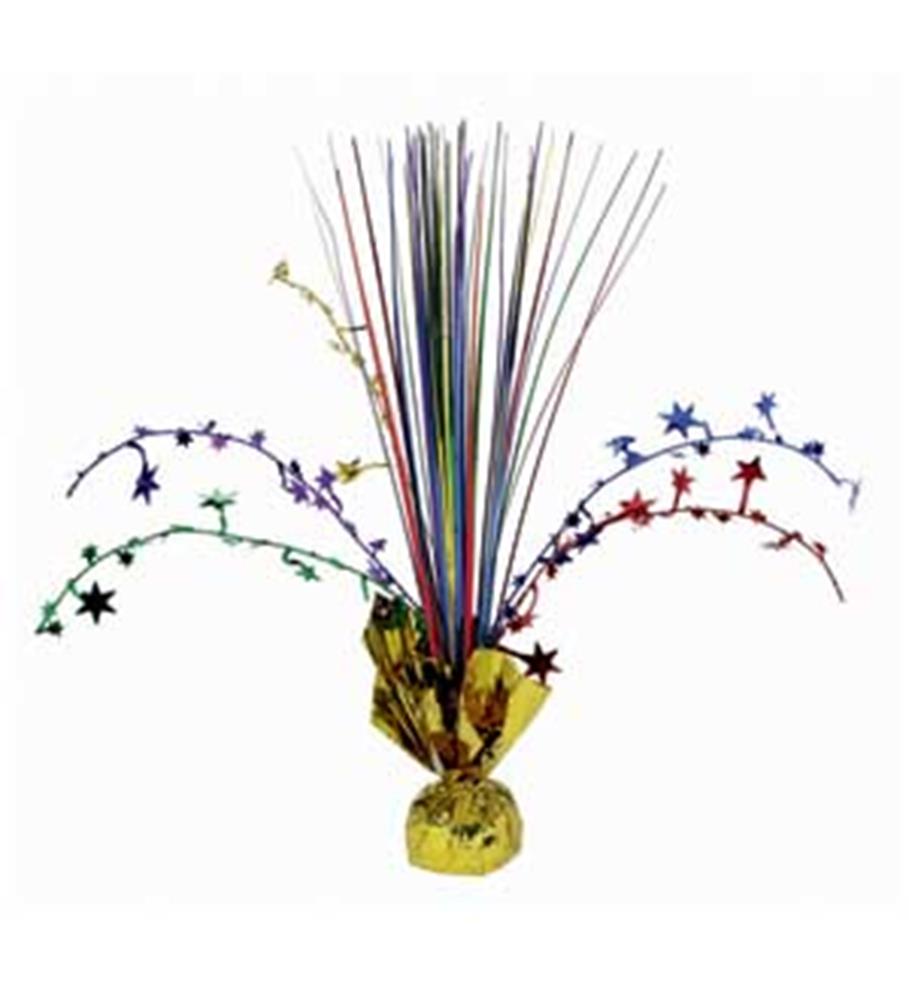 Gold foil-wrapped base with multicolored metallic star and thin foil spray strands fanning outward and upward.