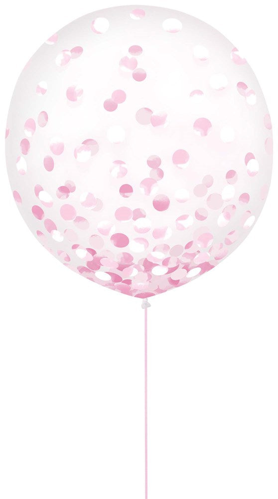 Transparent 24-inch latex balloon filled with scattered pink confetti dots.