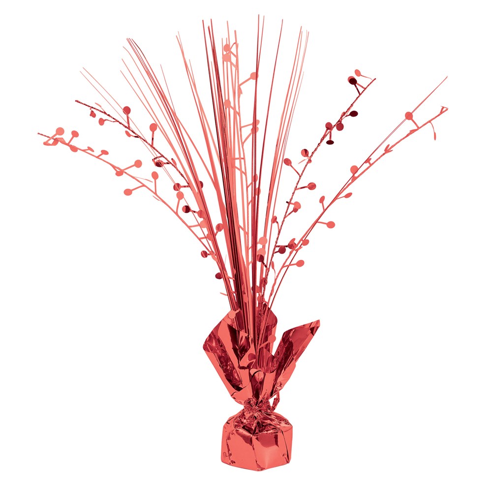 Coral spray centerpiece with thin stems and berry-like accents wrapped in metallic coral foil base.