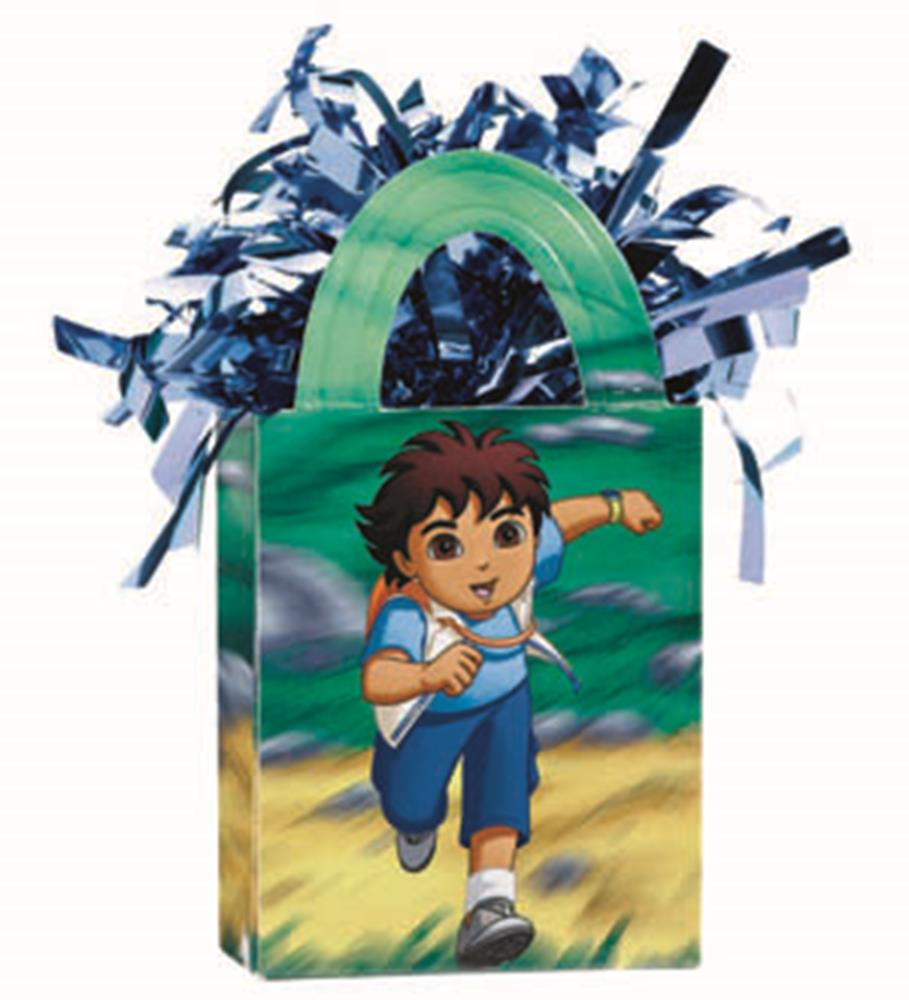 Mini tote balloon weight with a running boy cartoon on a green and yellow background, topped with blue metallic fringe.