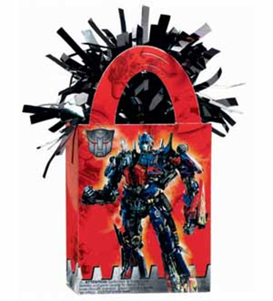 Red mini tote balloon weight featuring a black and blue Transformer robot with black and silver fringe top.
