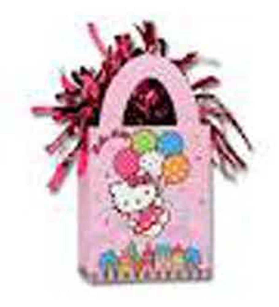 Pink foil balloon shaped like a gift bag with Hello Kitty holding colorful balloons and birthday candles design.