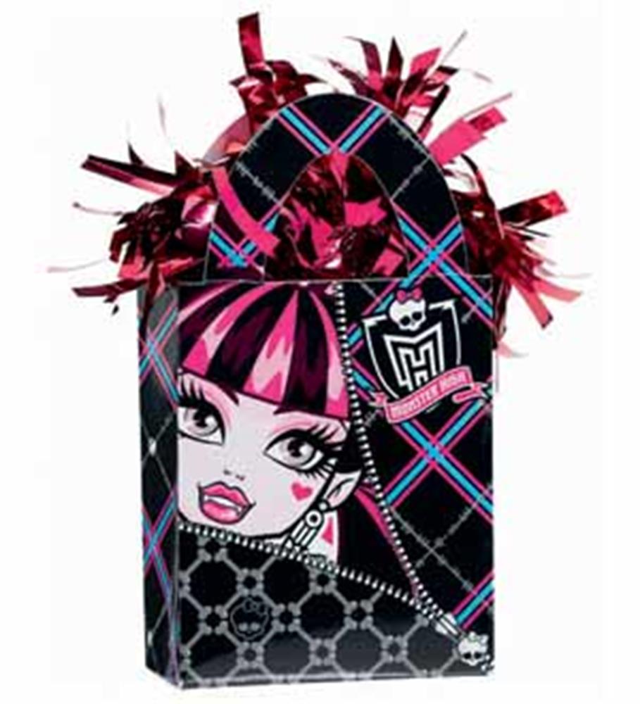 Black mini tote with pink and blue plaid accents, featuring a stylized cartoon girl’s face and decorative red foil tassels.