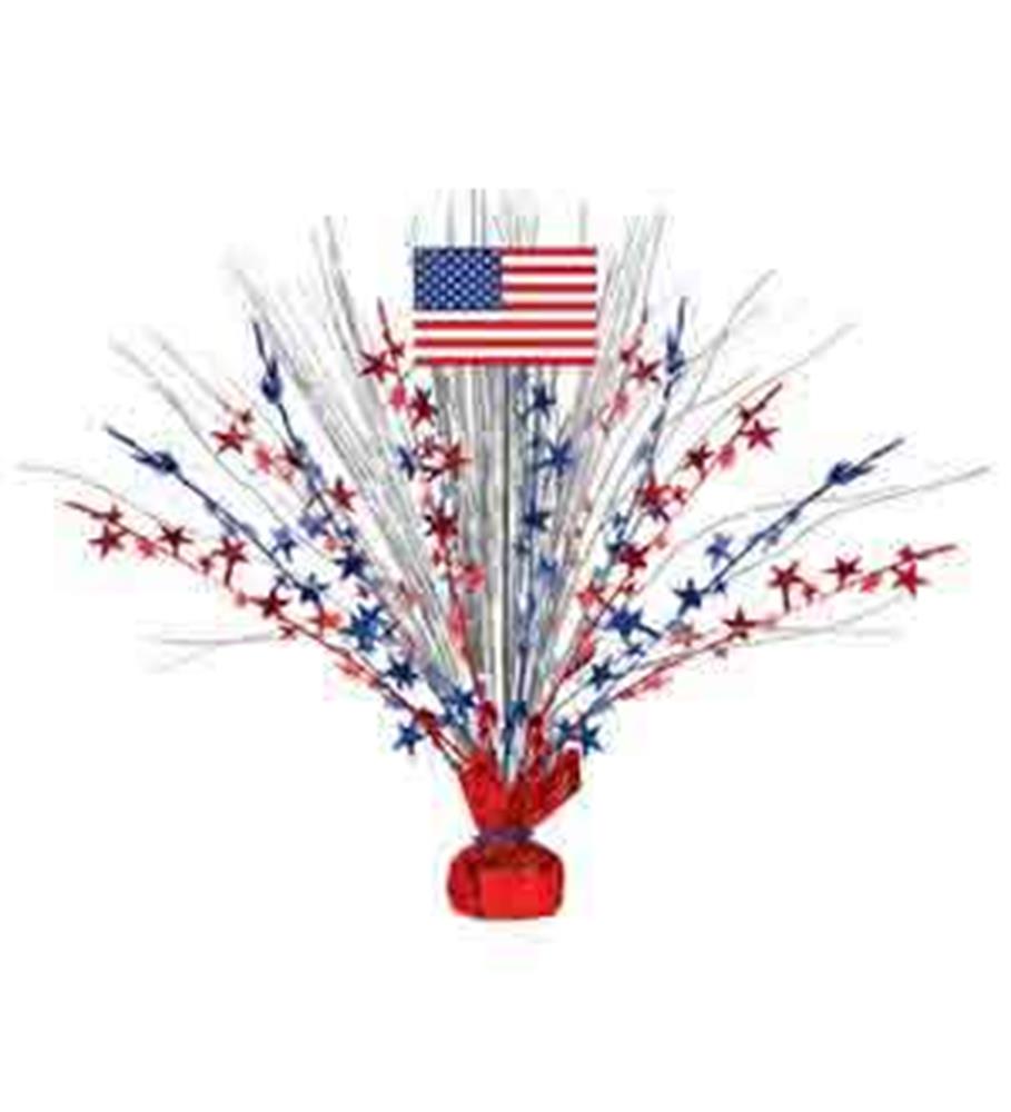 Red, white, and blue metallic spray centerpiece with star-shaped accents and a small American flag on top.