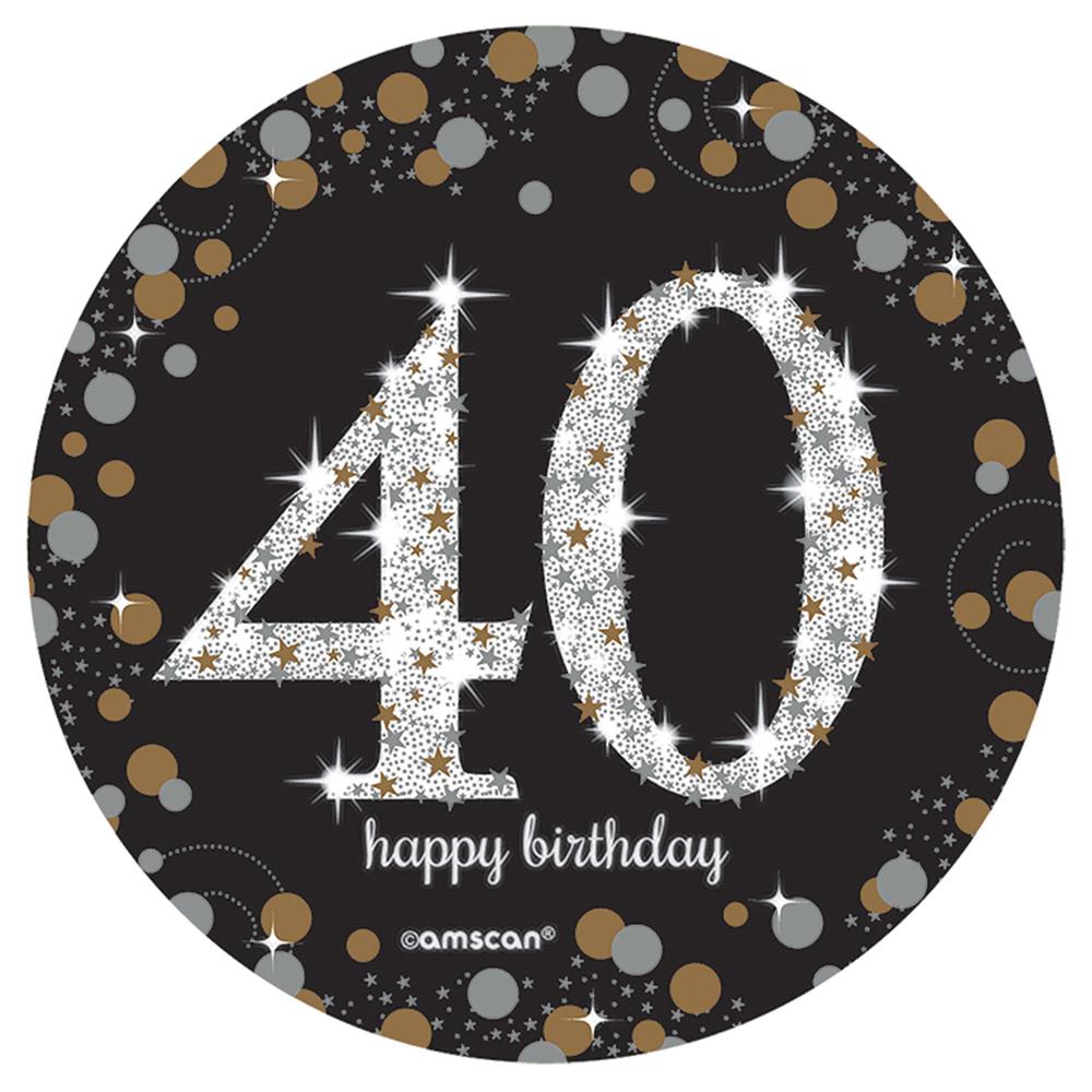 Black circular centerpiece with sparkling silver "40" and white "happy birthday" text surrounded by gold and silver confetti .