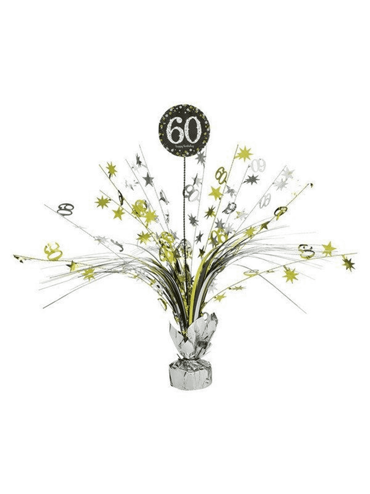 Gold sparkling centerpiece spray with "60" topper for milestone birthday celebration.