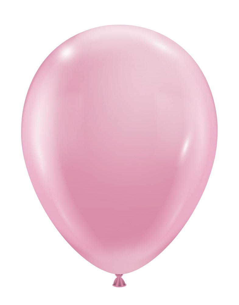 Glossy rose pink 11-inch round latex balloon inflated and tied at the bottom.