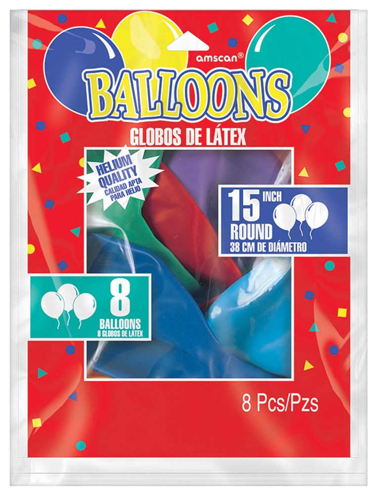 Assorted 15-inch round latex balloons in red, blue, yellow, green, and teal with party-themed packaging.