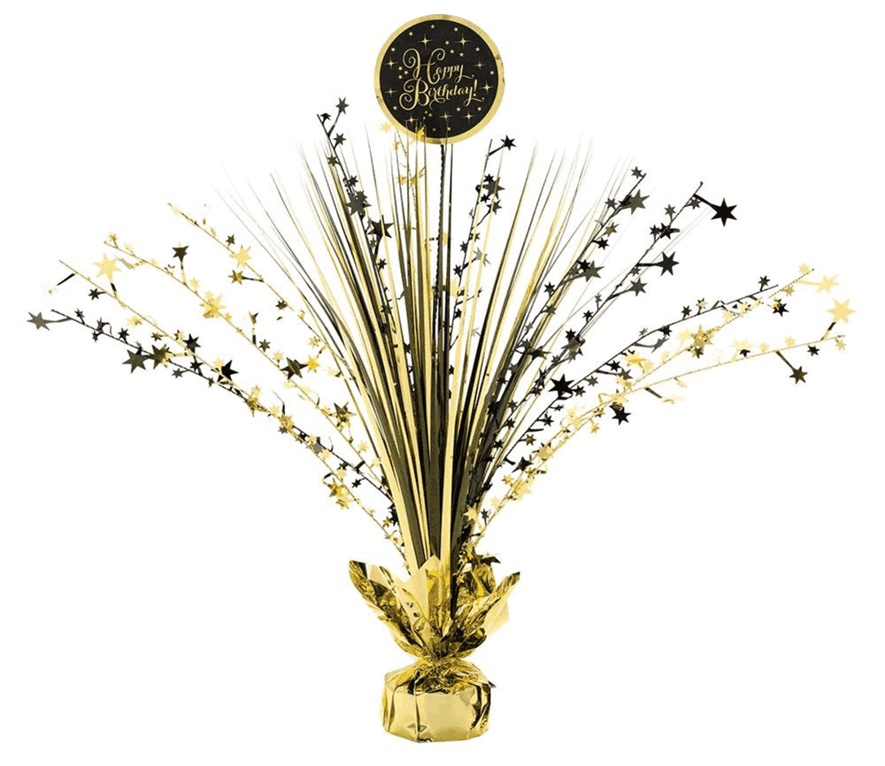 Gold metallic birthday spray centerpiece with starburst design and round "Happy Birthday" topper.