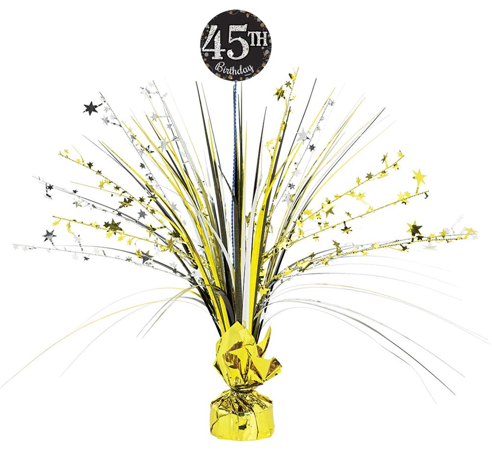 Black and gold starburst centerpiece with "45th Birthday" balloon topper and foil base wrapping.