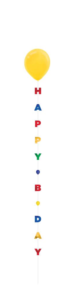Vertical string of colorful letter balloons spelling "HAPPY BIRTHDAY" with a single yellow balloon on top.