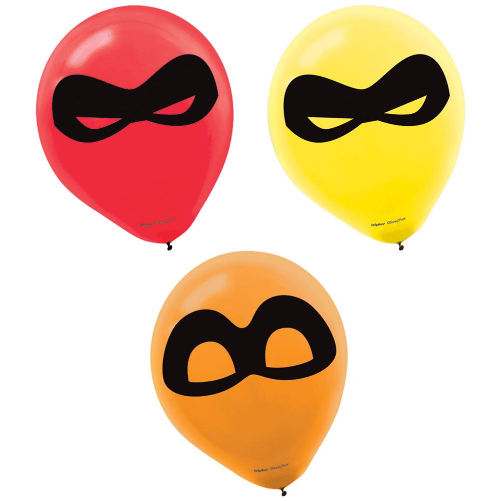 Red, yellow, and orange latex balloons with black superhero mask prints, Incredibles 2 theme.
