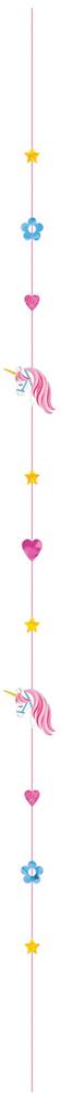 Long string of colorful small balloons including a shiny pink unicorn-shaped foil balloon and round latex balloons in pink,.