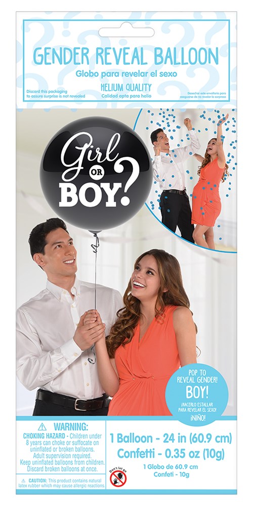 24-inch round black latex balloon with white confetti inside and "Girl or BOY?" text in white cursive and bold fonts.