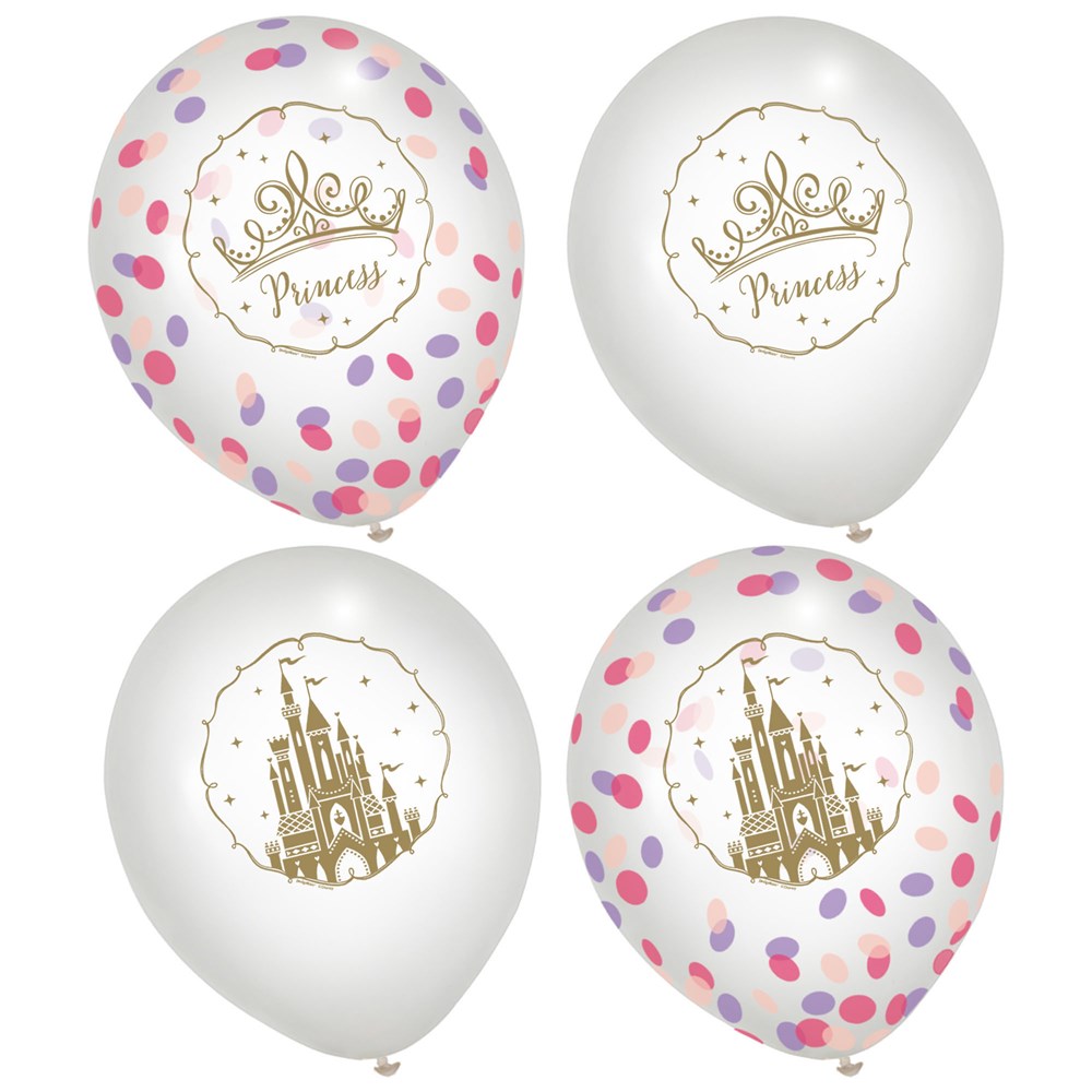 Set of six white latex balloons featuring gold Disney princess crowns and castles, two balloons with pink and purple.