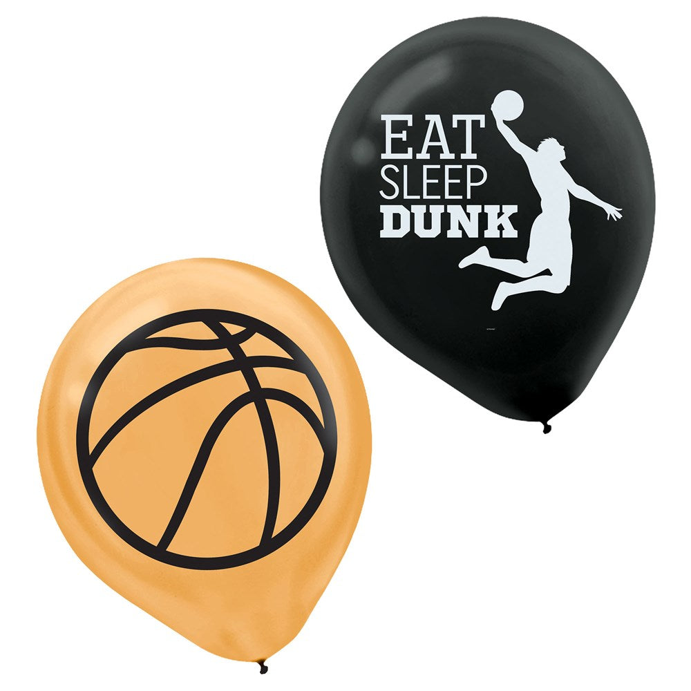 Set of two 12-inch latex balloons, one orange with black basketball graphic, one black with white "Eat Sleep Dunk" and.