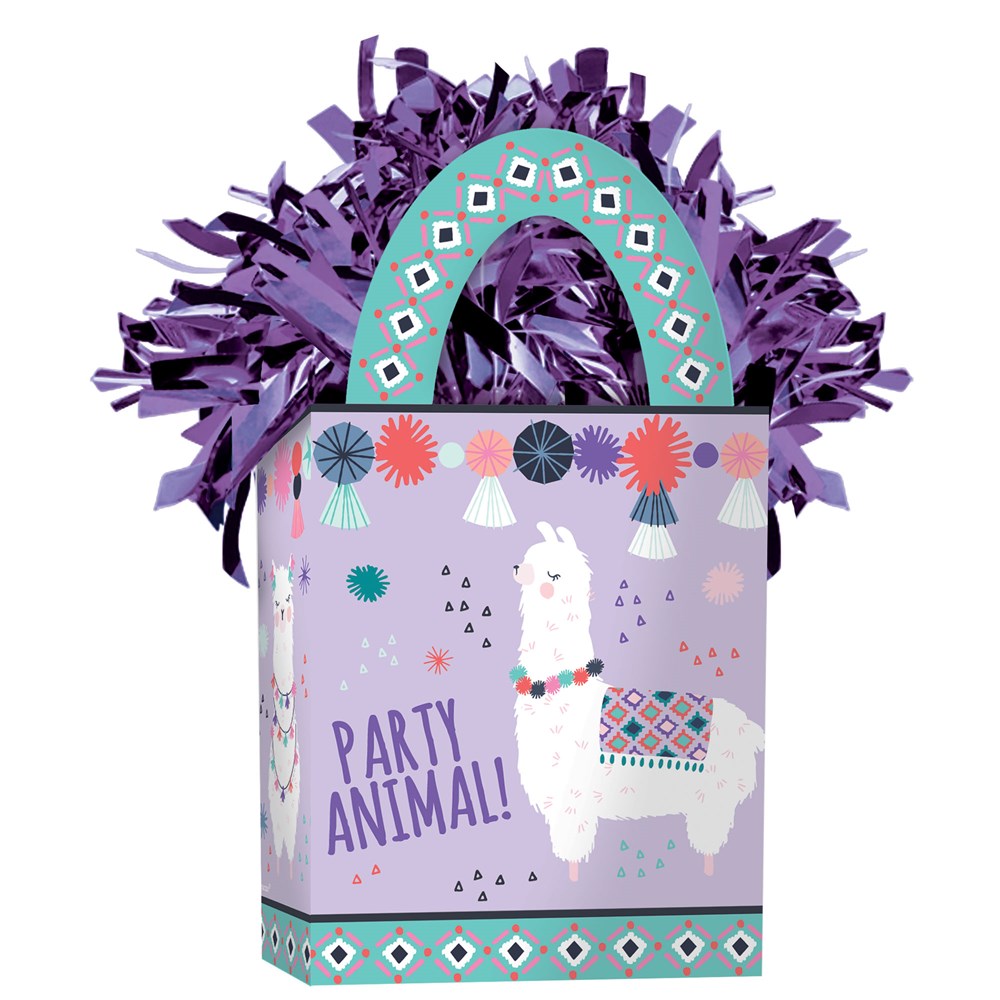 Purple mini tote balloon weight decorated with a white llama and colorful geometric patterns.