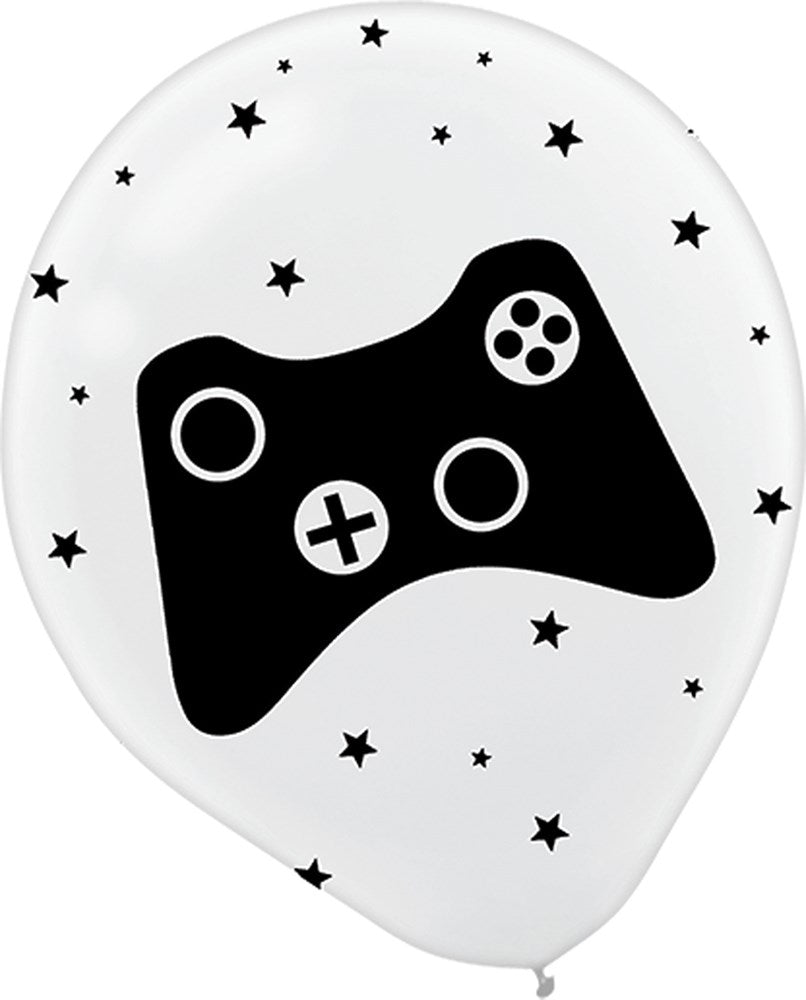 White latex balloon with black game controller graphic and scattered black stars, 12 inch.