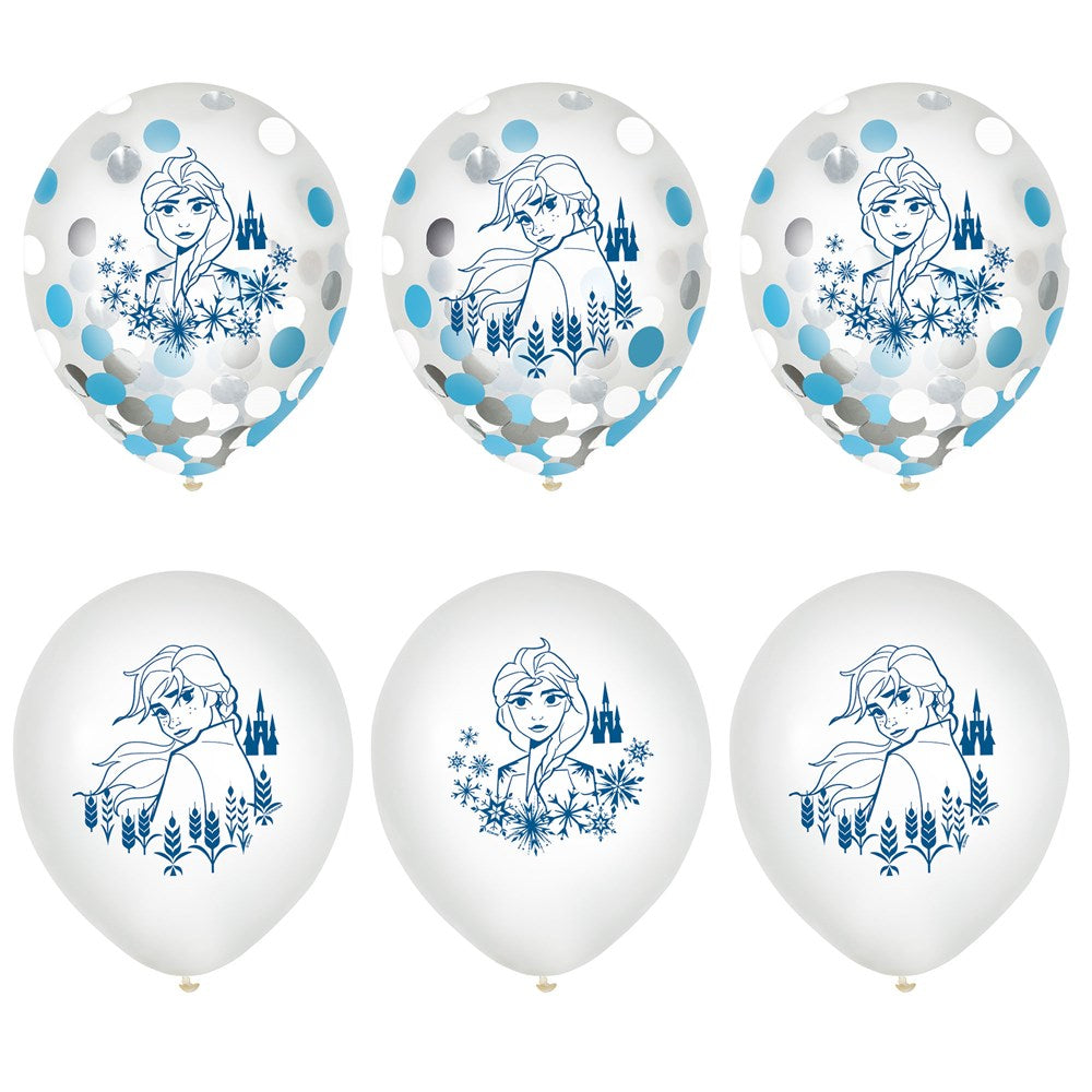 Set of six 12-inch white latex balloons featuring blue and silver confetti and blue Frozen 2 character prints.