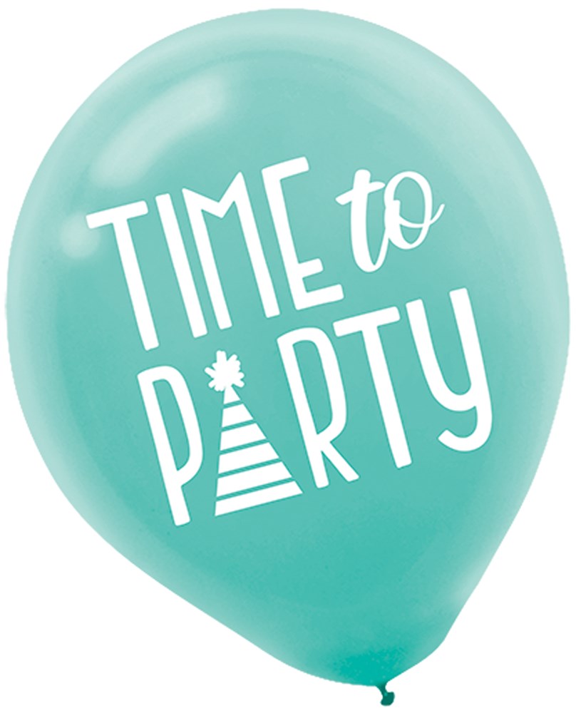 Teal latex balloon with white "Time to Party" text and party hat graphic, 12 inch.